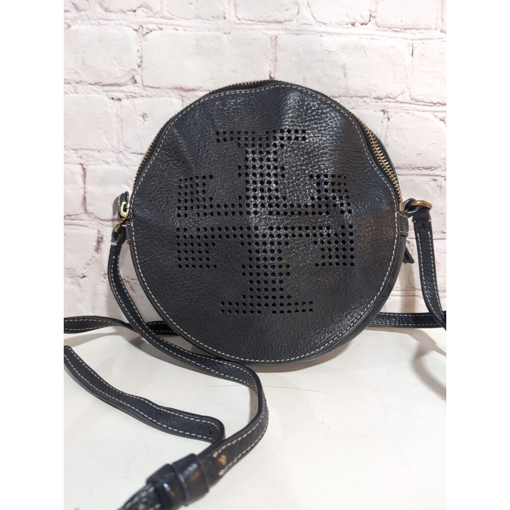 Tory Burch Round Circle Navy Blue Leather Perforated Logo Crossbody Purse Dust